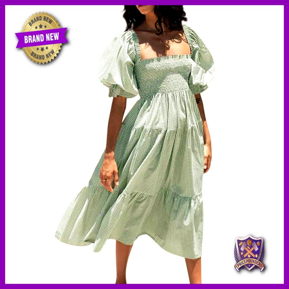 Cotton Plaid Puff Sleeve Off-Shoulder Boho Midi Dress with Back Bow Tie